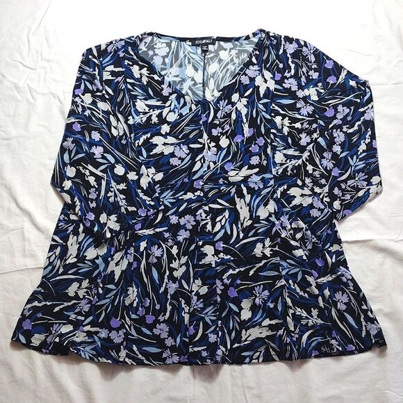 Roz & Ali Black Purple Blue Floral Quarter Sleeve Peplum Blouse Plussize 1X - Picture 4 of 12